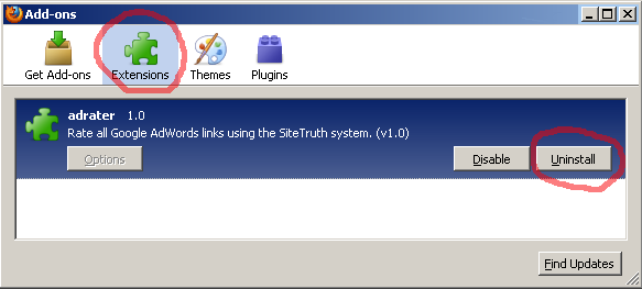 Plug-in removal, Add-ons dialog